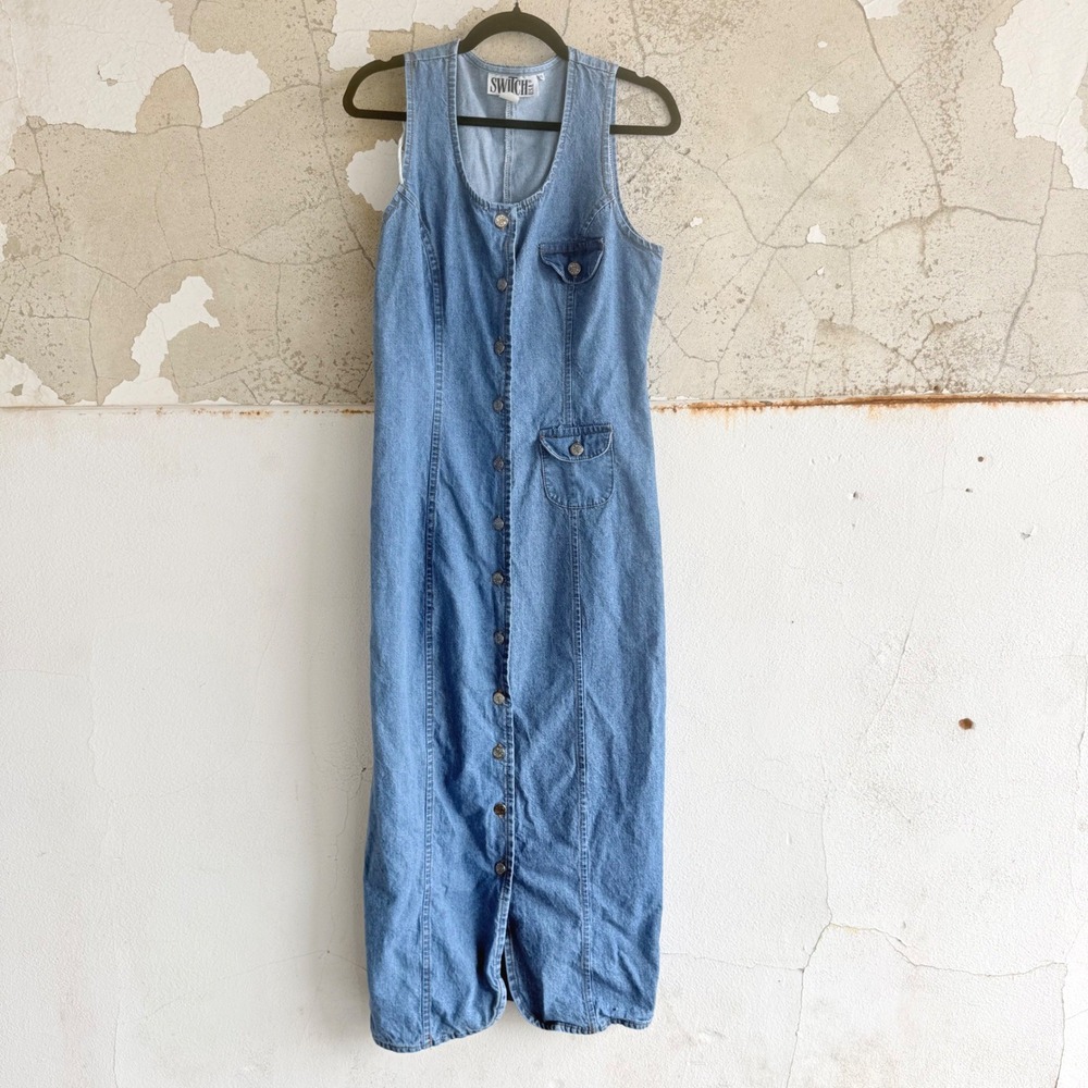 Vintage 90s Denim Maxi Dress Button Front‎ Sleeveless Jean Jumper Made in USA 11